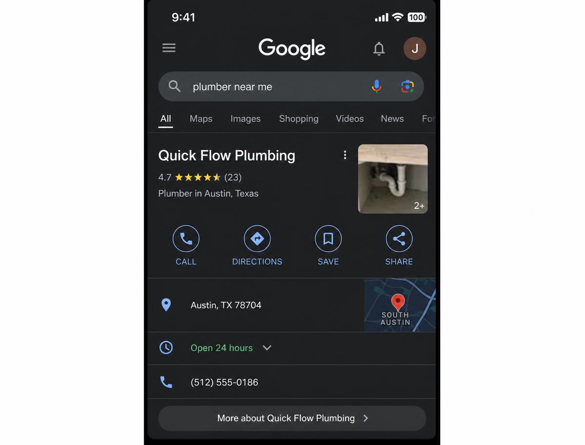 Google Business Profile for a local plumber showing 23 reviews and a 4.7 rating with no website link